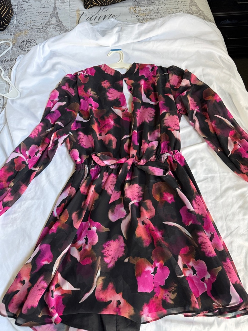 Bar III Black Long-Sleeve Floral Tie-Waist Dress with Pink and Magenta Print